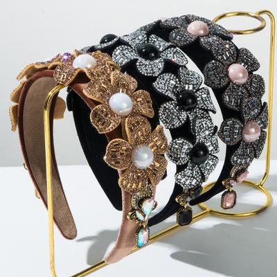 Fashion Flannel Three-dimensional Flower Inlaid Glass Diamond Fringed Headband Shiny Luxury Temperament Lady Hair Accessories