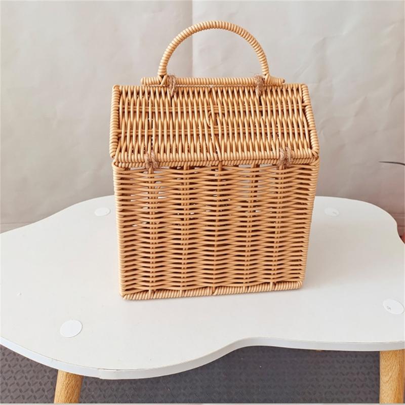 Valigia Scatola Decorativa in Rattan Cesto Intrecciato a Mano in Plastica a Forma di Casa con Manico Sacchetto per Confezionare Regali per Festival