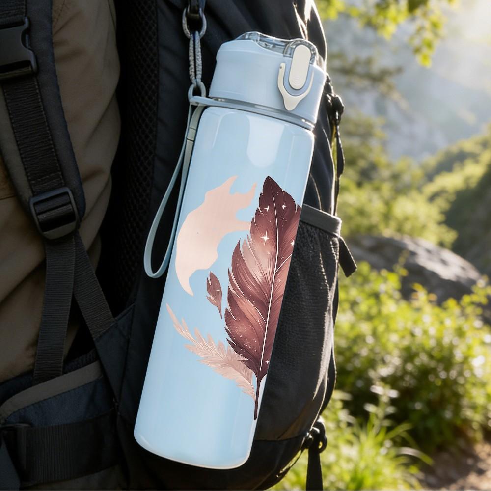 1PC Single Dried Feather Print 750ml Color Plastic Sports Water Bottle Leakproof Flip Straw Lid Suitable for Sports Office Home Use