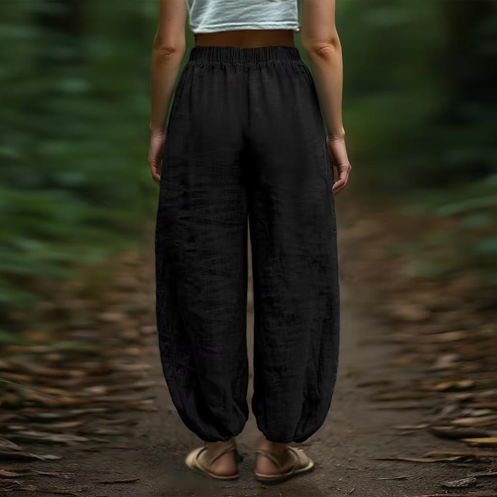 Women's Fashionable Color Casual Elastic Waistband Drawstring Pocket Loose Pants