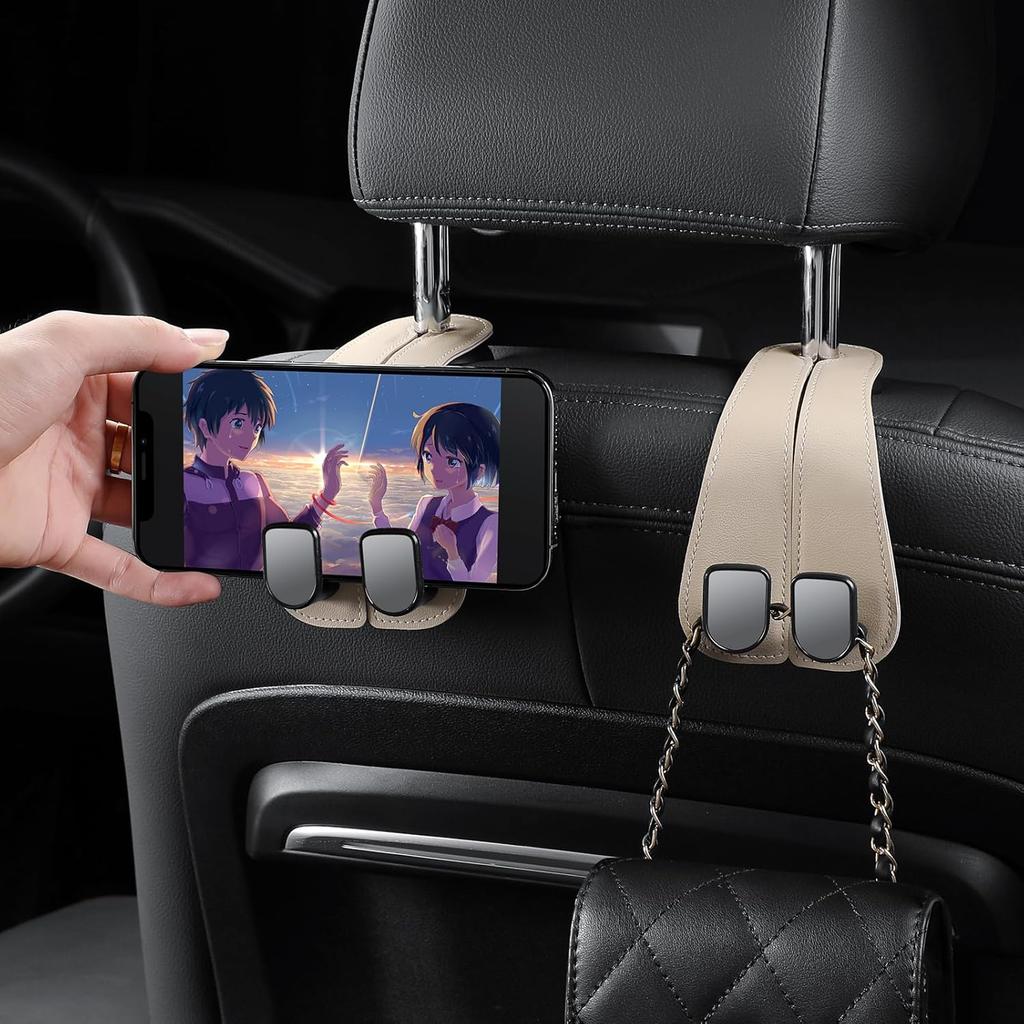 2 Pack KAFANLIN Car Headrest Hooks For Purses And Bags Cute Leather Car Seat Back Head Rest Double Hooks For Bags Cute Pink Beige Car Accessories