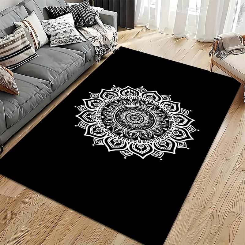 Teppich, Mandala Blume Schwarz Weiß Henna Lotus Muster Druck, Wohnzimmer Dekoration, Rutschfeste Matte