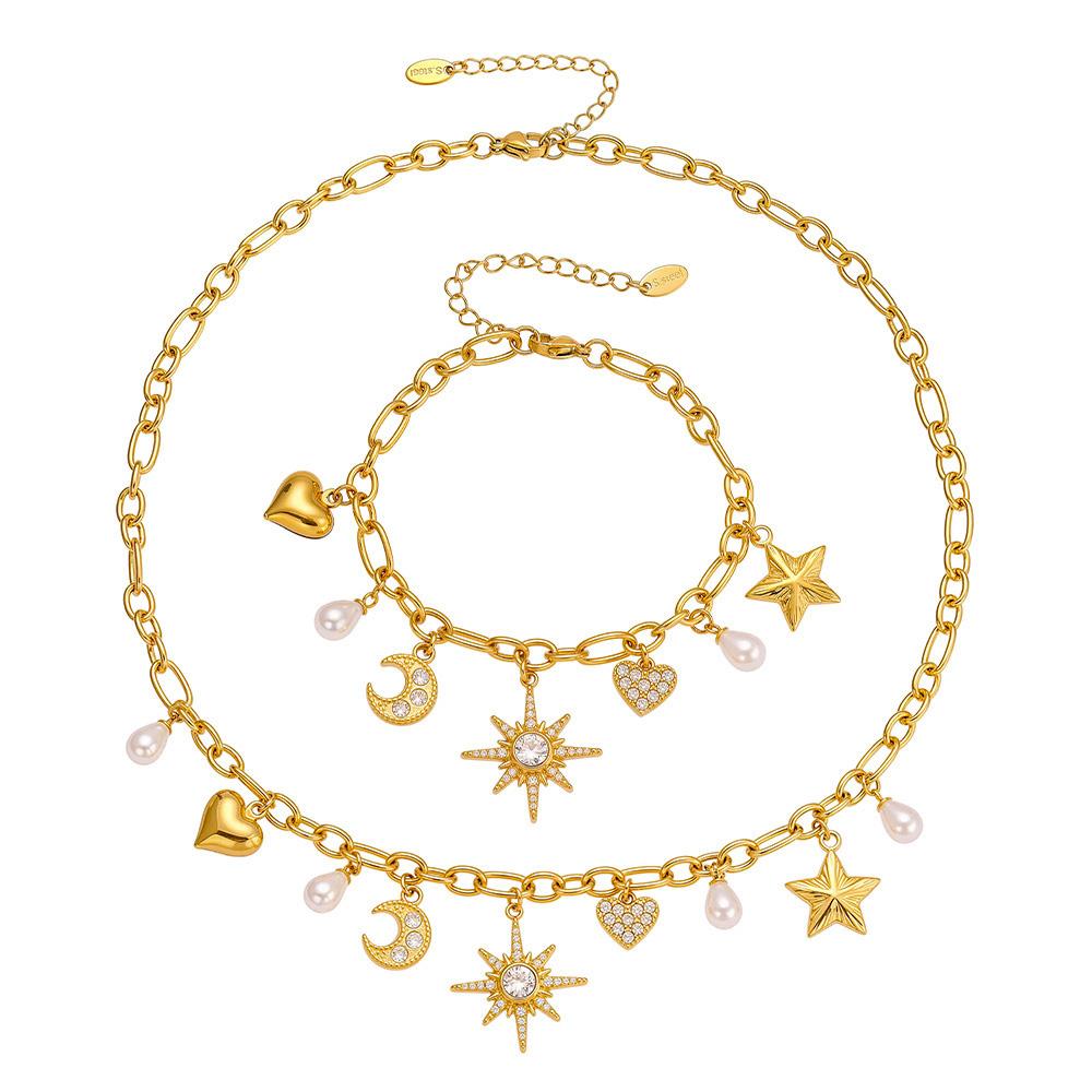 Zircon Star Moon Heart Charms Necklace Matching Bracelet in Stainless Steel 18K Gold Plated Chain Necklaces Bracelets For Women