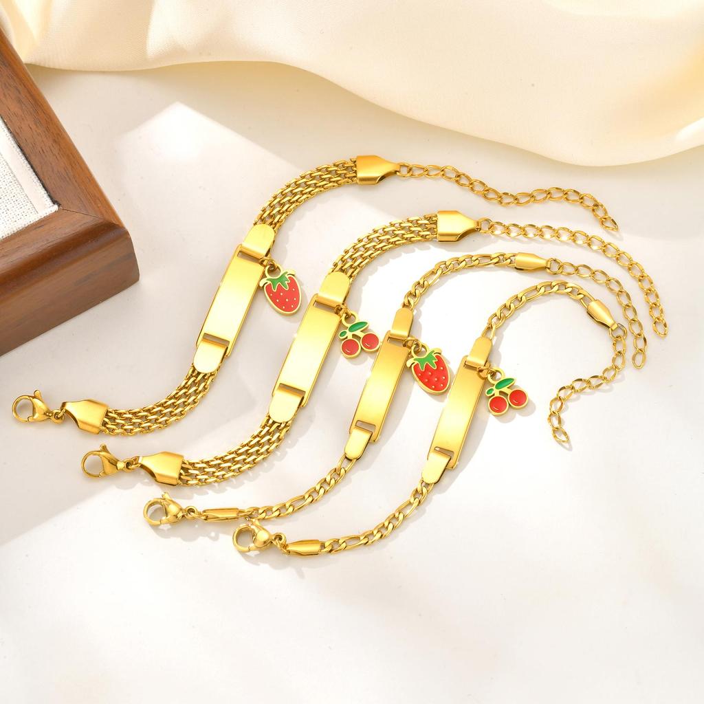Personalized Customized Name Bracelet for Girl Boy Children, Strawberry Cherry Pendant Stainless Steel ID Bracelet for Kids