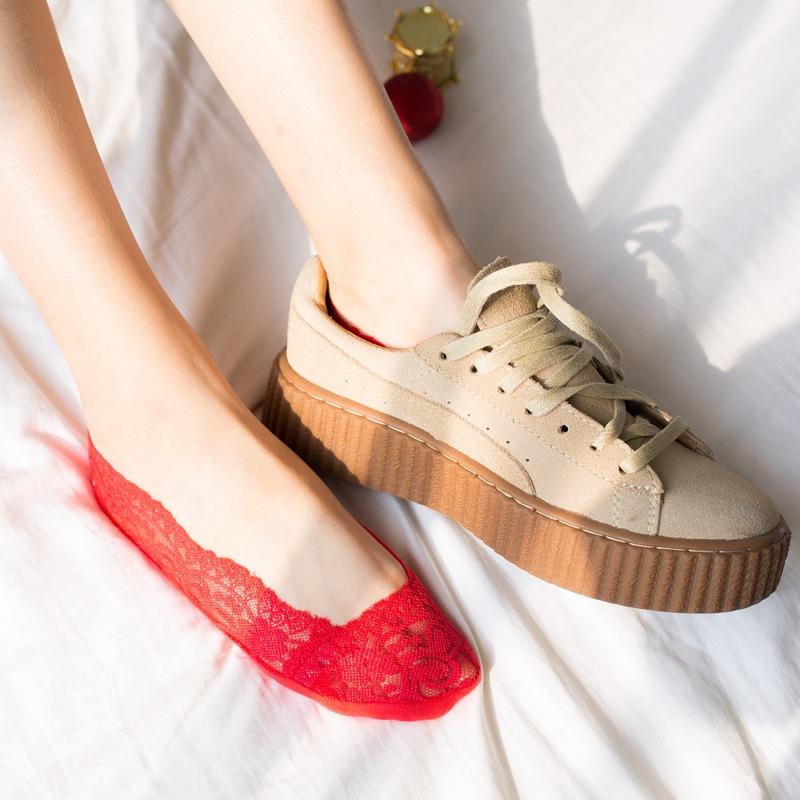 10 Pairs of Big Red Lace Boat Socks, Red Wedding Invisible Shallow Mouth Silicone Anti-slip Cotton Sole Socks for Women