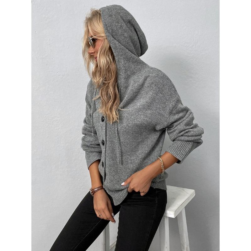 Women S Solid Color Hooded Knit Cardigan Sweater Single Breasted Long Sleeve Autumn Winter