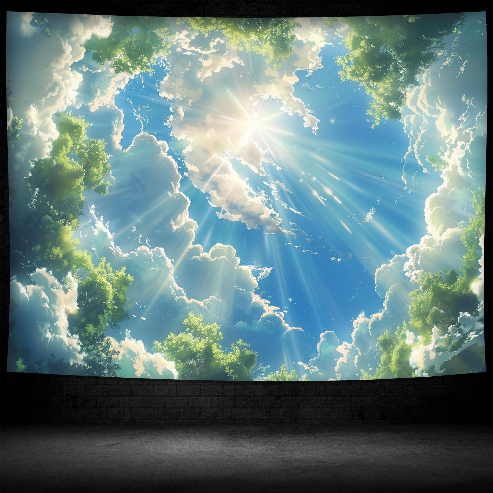 1pc Sunny Clouds Landscape Tapestry Serene Sky Design with Lush Green Clouds Golden Sun Rays Polyester Satin Fabric Wall Ha