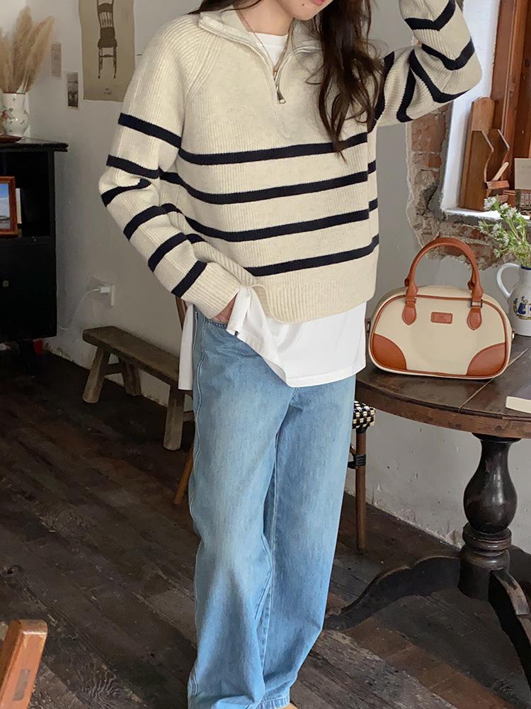Women's Versatile Color Block Striped Knit Sweater - 2024 Autumn/Winter Half-High Collar Zipper Lapel