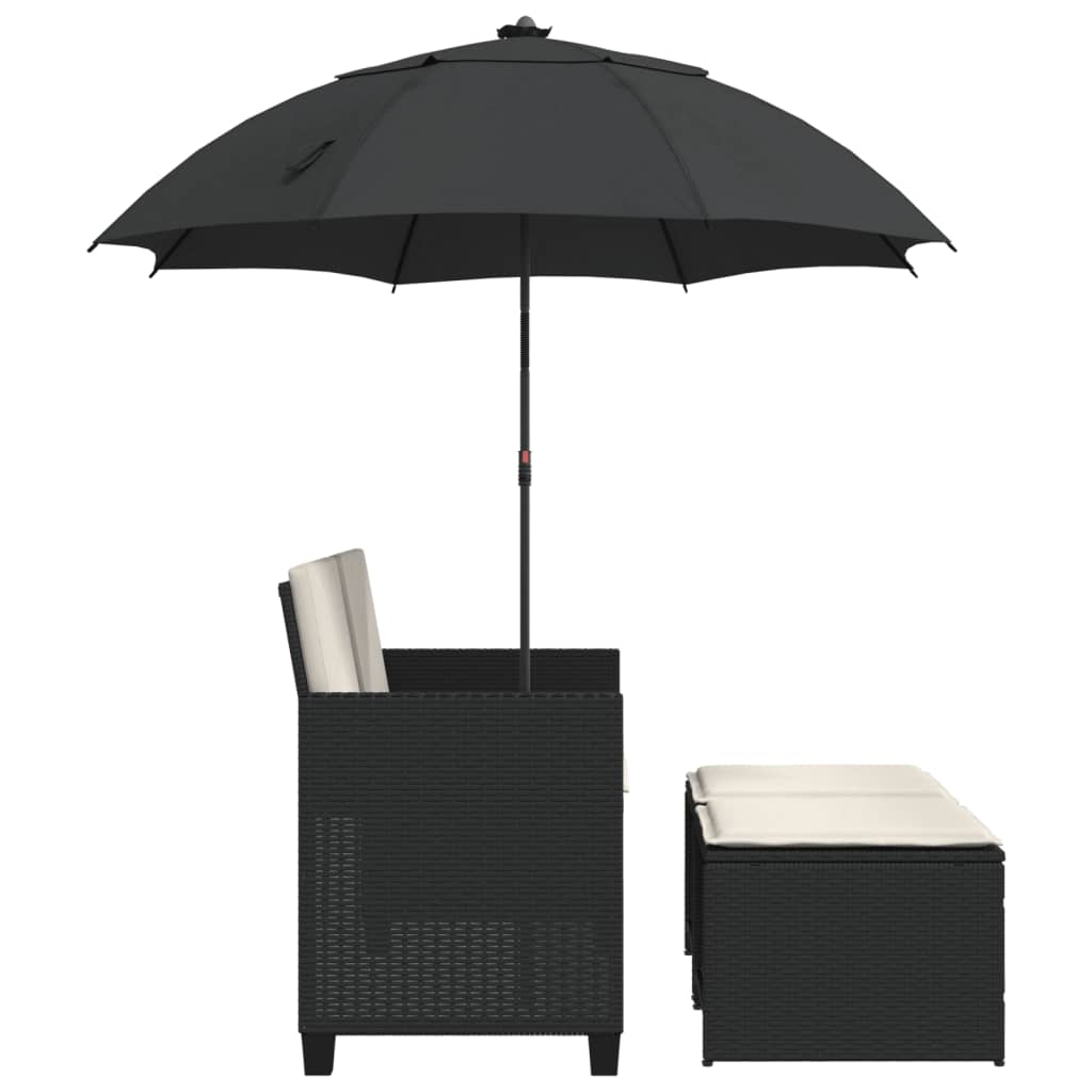 2 Seater Garden Sofa with Sun Umbrella and Footstools Black Poly Rattan