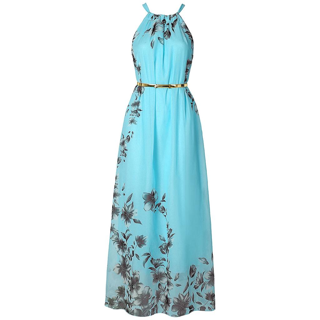 Blommönster Halter Chiffong Lång Klänning Dam Klänningar Sexig Casual Beach Dress
