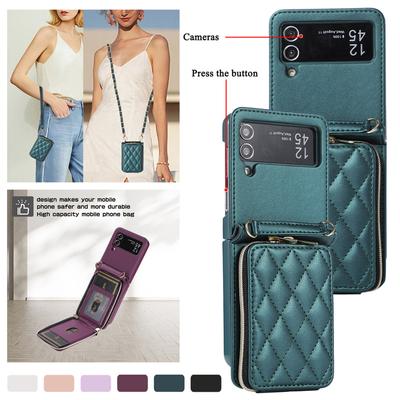Crossbody Kordon Fermuar Deri Cüzdan Kart Telefon Kılıfı Samsung Galaxy Z Flip 5 4 3 Lüks Bilek Halat Çevirme Standı Kapak