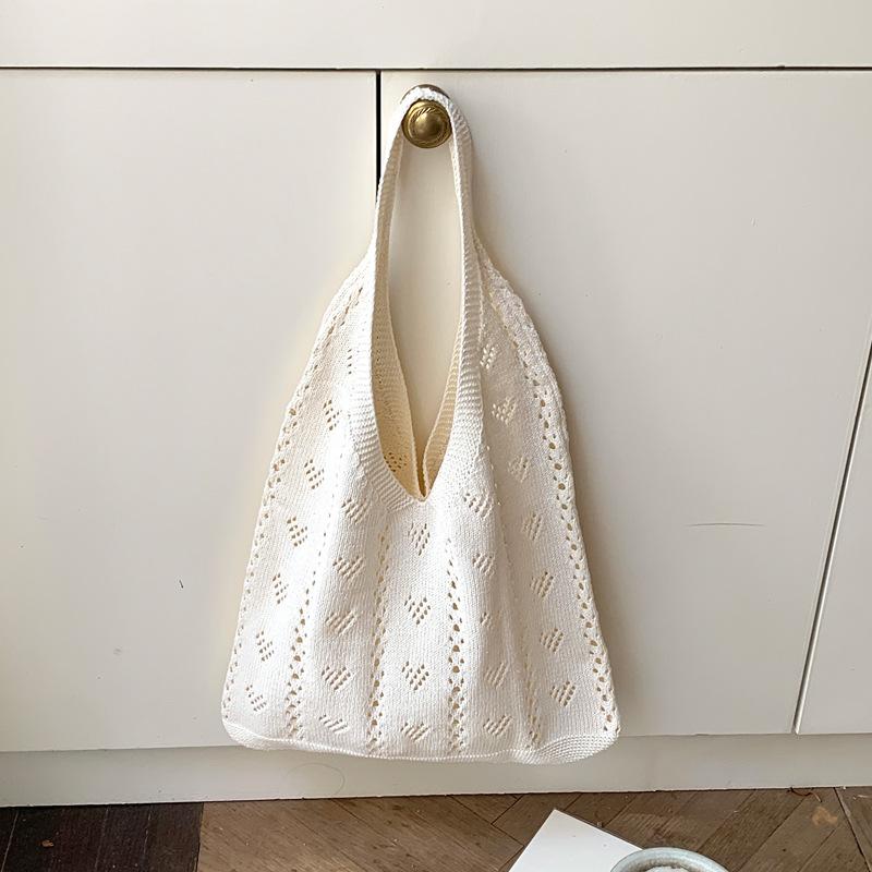 Retro Love Heart Knit Tote Bag for Women Hollow Out Crochet Shoulder Purse Soft Polyester Handbag Casual Daily Commute Bag абрикосовый