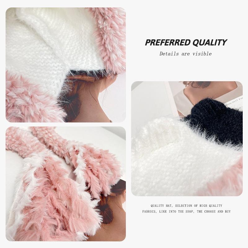 Cat Ears Contrasting Pigtails Knitted Hat Women's Winter Outdoor Warm Ear Protection Bear Hat Showing Face Small Pullover Wool Hat