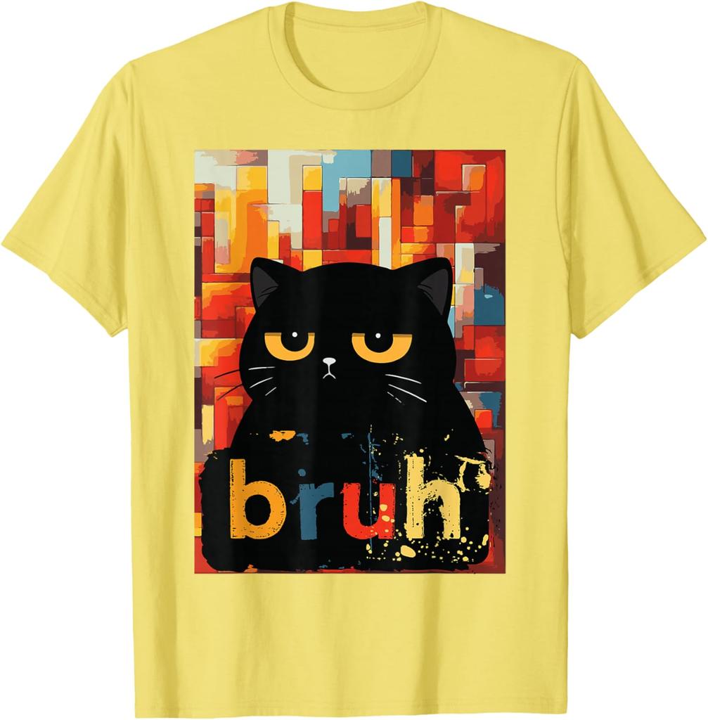 Bruh Black Cat Funny Meme Graphic TShirt Casual Short Sleeve Cotton Crew Neck Tee