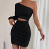 Fashion Single Shoulder Sleeve Hollow Out Dress Spicy Girl Slant Shoulder Hip Wrapping Sexy Party Short Dress Pleated Solid Colar Elegant Clothing