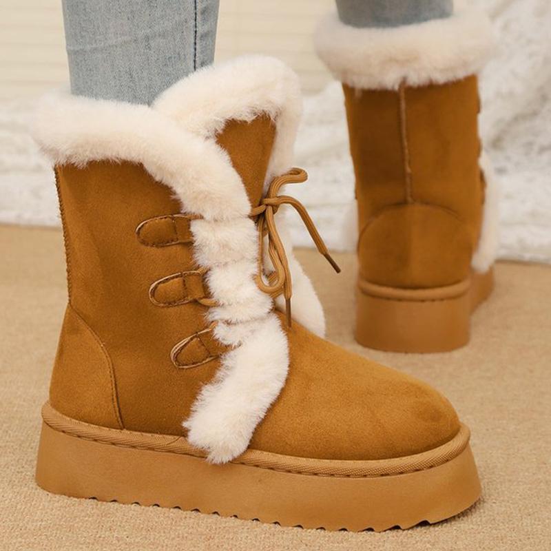 Vintage Furry Warm Snow Boots for Women Winter Platform Anti Slip Snow Boots Woman Faux Suede Lace Up Cotton Shoes Mujer