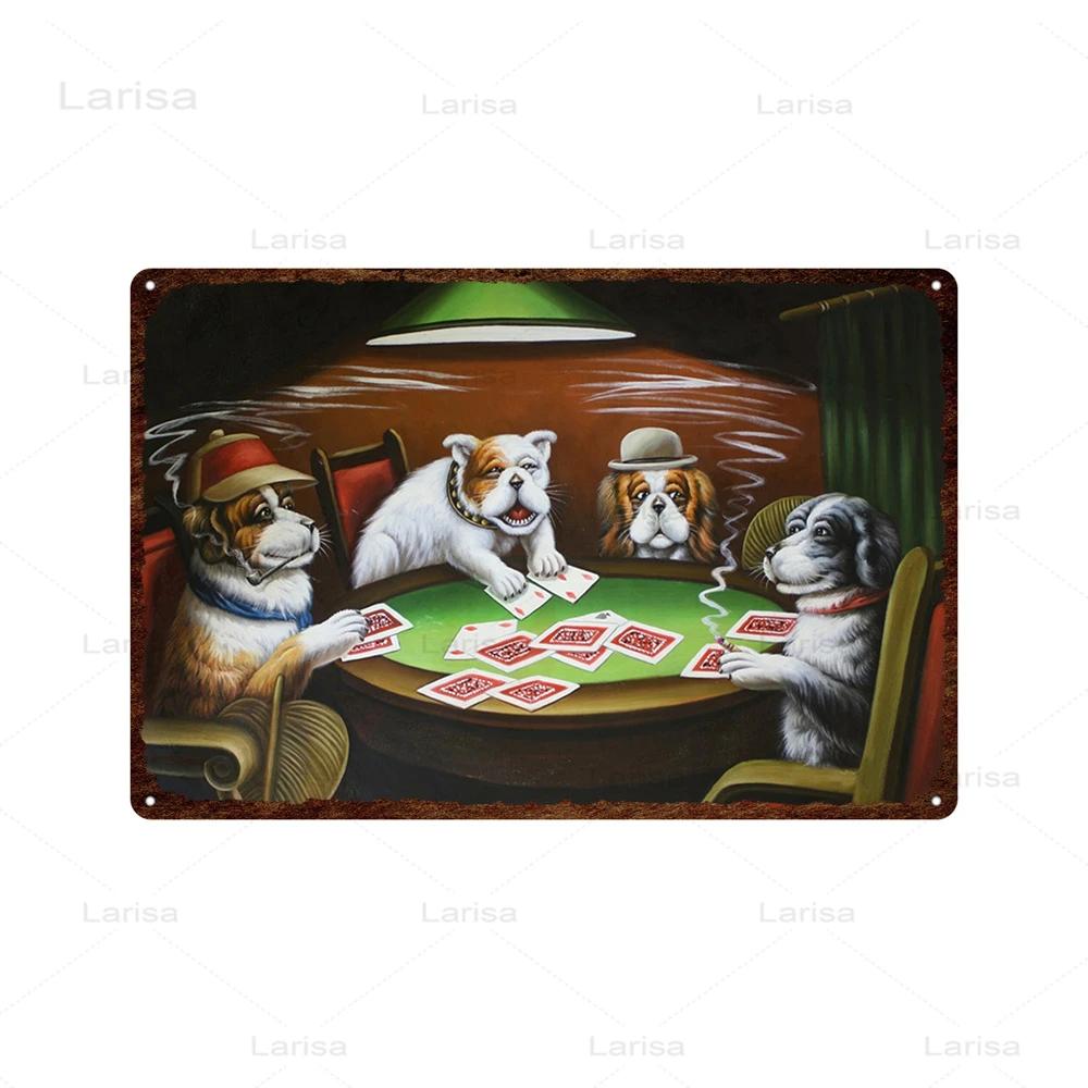 Dogs Playing Poker Game Metal Plaque Animals Playing Billiards Tin Sign Garage Club Wall Pub Tin Sign Vintage Metal Posters