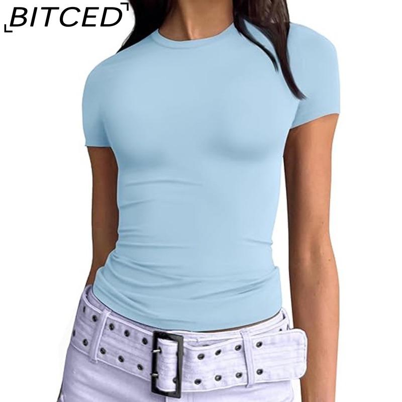 BITCED Damska koszulka z długim rękawem na lato: Stylowe topy z dekoltem O, dopasowane, do noszenia jako warstwa zewnętrzna