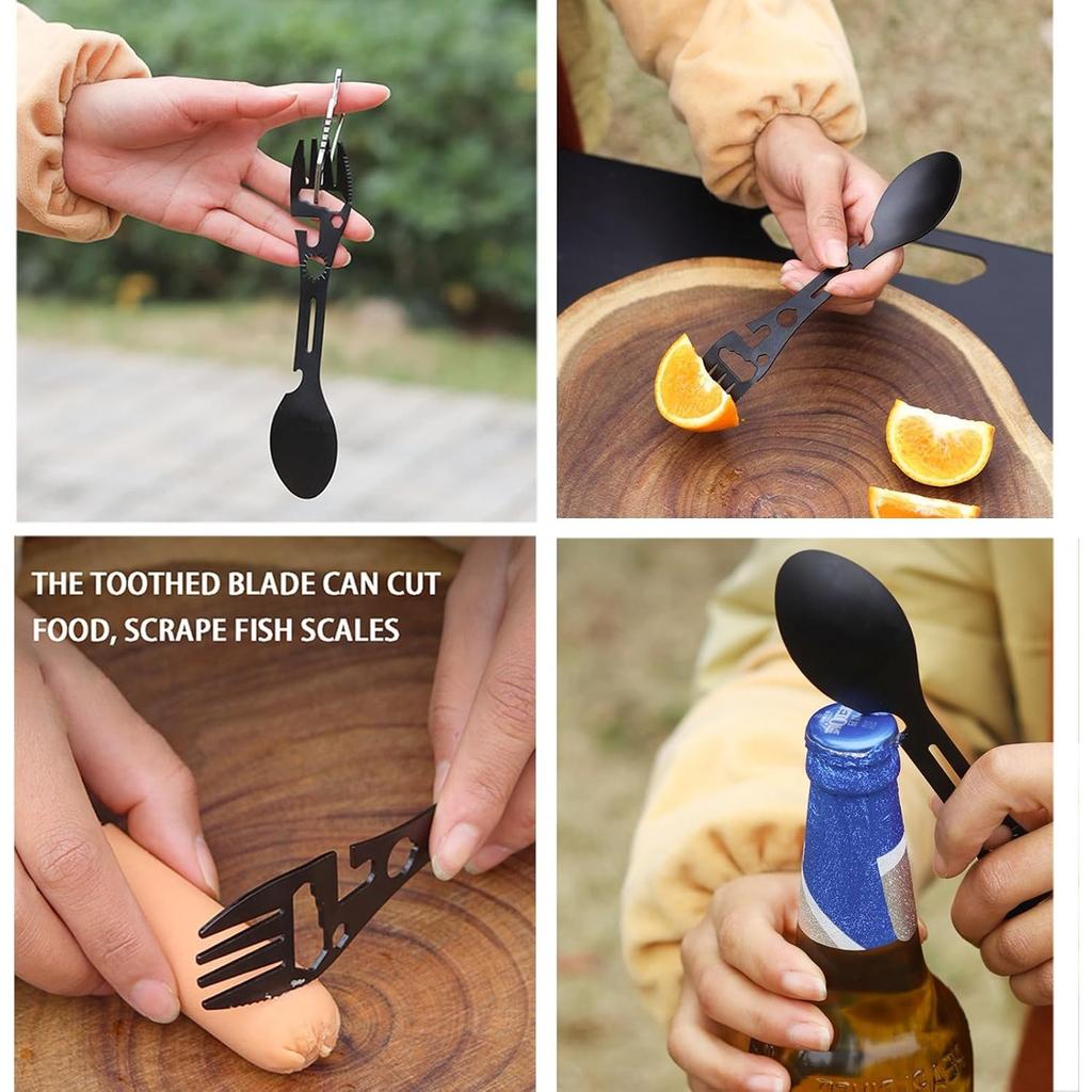 Ten-in-one multi-functional camping fork, stainless steel fork, spoon, fork, knife, bottle opener, wrench set, picnic