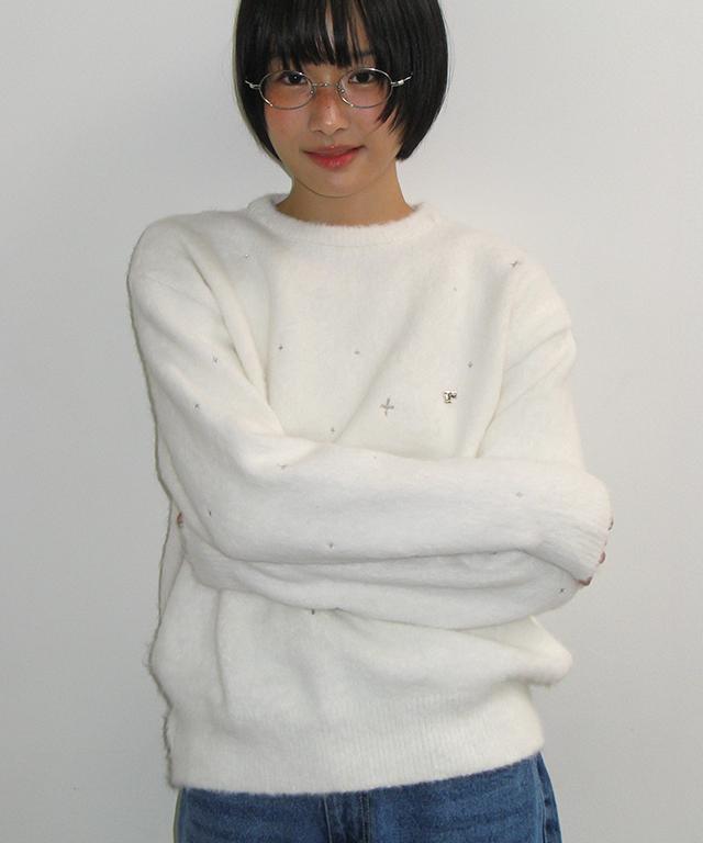 RONRON Hairy Pearl Embroidery Knit White
