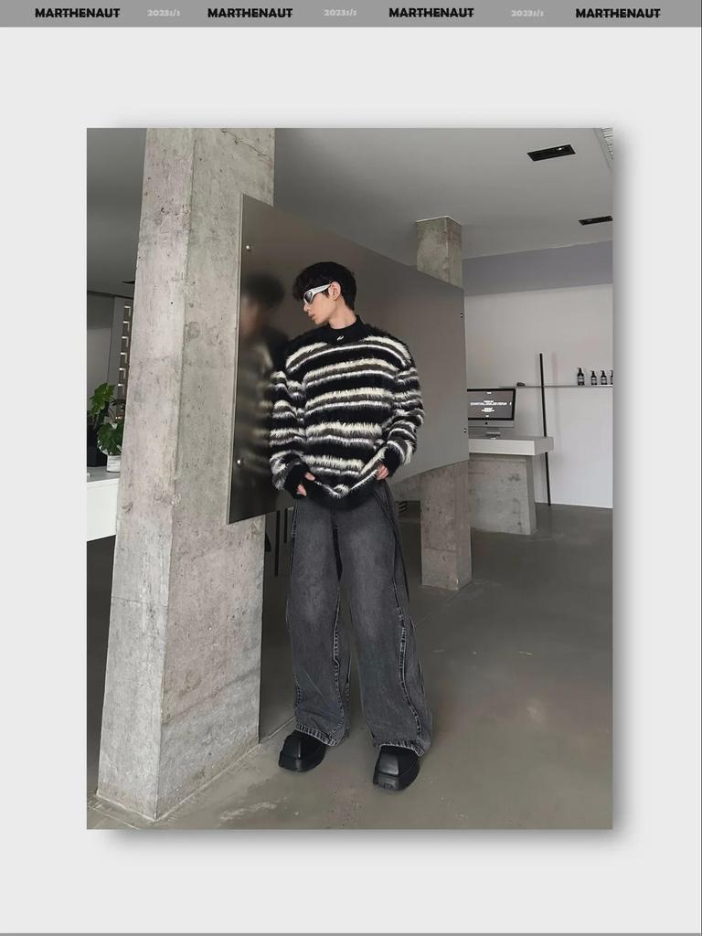 Pánský plyšový mohérový svetr s černobílým pruhem - Špičkový jednoduchý pletený design