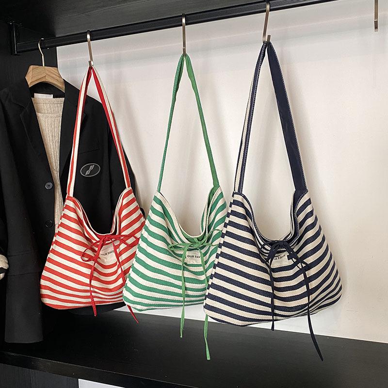Striped canvas bag 2025 new lazy wind tote bag student large capacity casual shoulder bag women