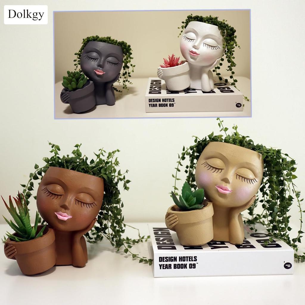 Face Flower Pot Head Planter, Black Woman Unique Planters for Indoor Outdoor Plants, Novelty Plant Pots Lady Vase with Drainage Hole Home Garden
