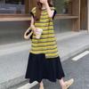 ZANZEA Women Casual Round Neck Summer Short Sleeve Stripe Patchwork Long Dress