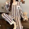 Cloud Cotton Korean Style Striped Plaid Pajama Set: Long Sleeve Cardigan & Pants for Indoor/Outdoor Wear, Real Shot.