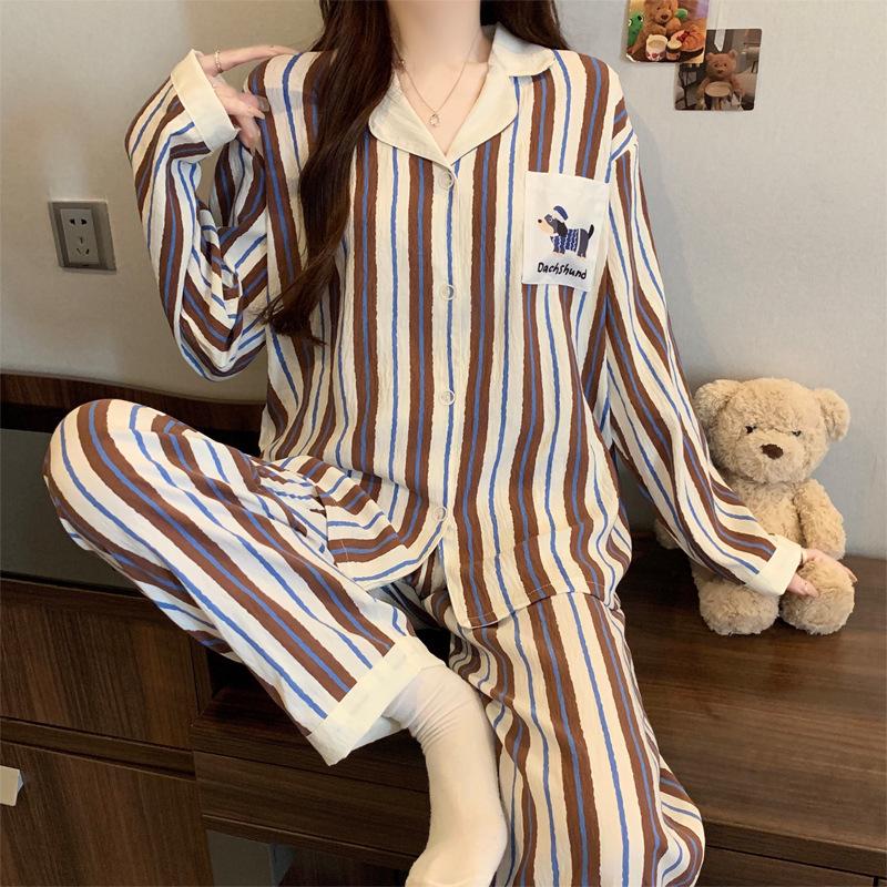 Cloud Cotton Korean Style Striped Plaid Pajama Set: Long Sleeve Cardigan & Pants for Indoor/Outdoor Wear, Real Shot.