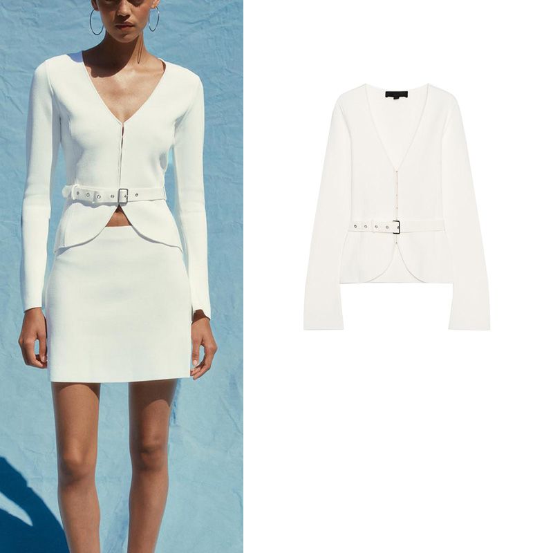 Summer New Product Women's Clothes Minimalist Wind Hidden Snap with Belt V Neck Long Sleeves Plain Stitch Outwear 5536046