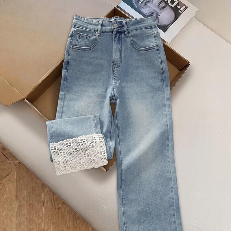 Women s Lace Patchwork Washed High-Waist Cigarette Jeans L