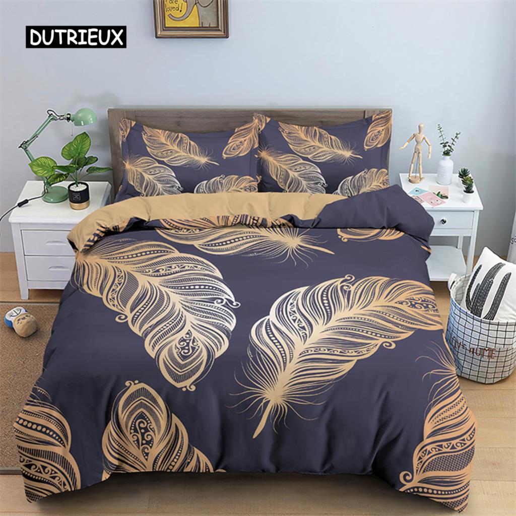 Peacock Feather Duvet Cover Feather Theme Bedding Set Microfiber Floral Quilt Cover Twin King For Teen Boys Girls Bedroom Decor
