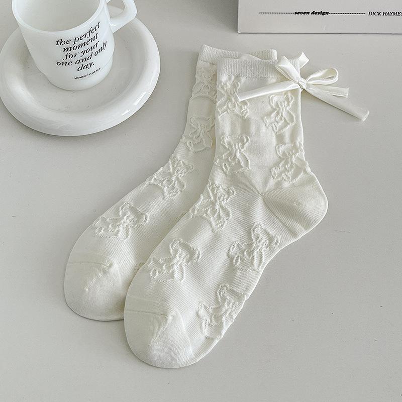 1 Pair Japanese Grey Bow 3D Bear Calf Socks Kawaii Vintage Seamless Pile Loose Socks for Girl Spring Summer Thin Casual Socks