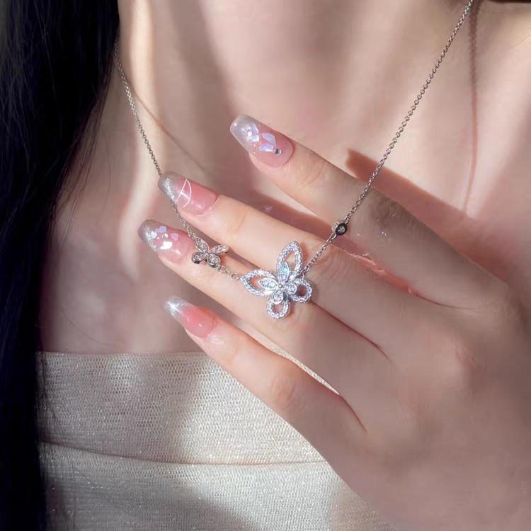 High-Quality Moissanite Silver Double Butterfly Necklace for Women - Ideal Qixi Gift
