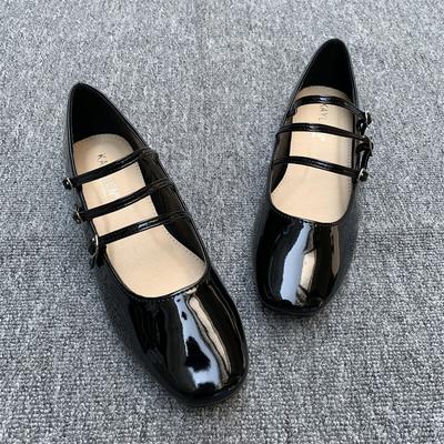 PU Leather Ballet Flat Shoes for Women Square Toe Black Mary Janes Shoes Ladies Casual Streetwear Three Buckle Strap Loafers