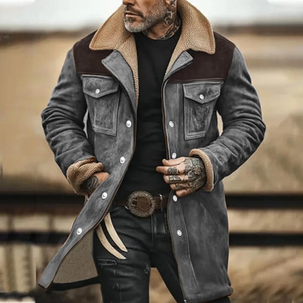 Men's Suede Color-matching Winter Jacket Multi-pocket Zipper Coat