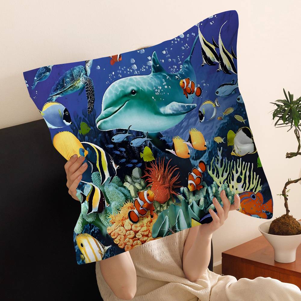 Ocean World Shark Area Pillow Covers Cartoon Sofa Decorative Home Double-Sided Printing Short Plush Cute Cushion Cover