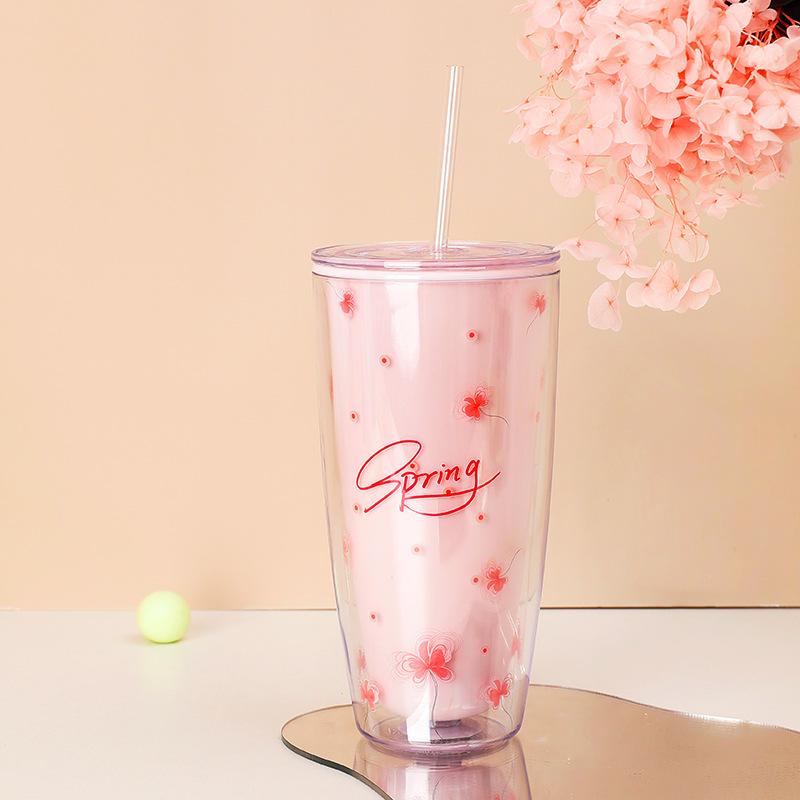 

Fashion Cherry Blossom Plastic Straw Water Bottle For Girls Double Layer Anti-scald Cold Drink Cups Large Capacity Tumbler Cup 750ml розовый