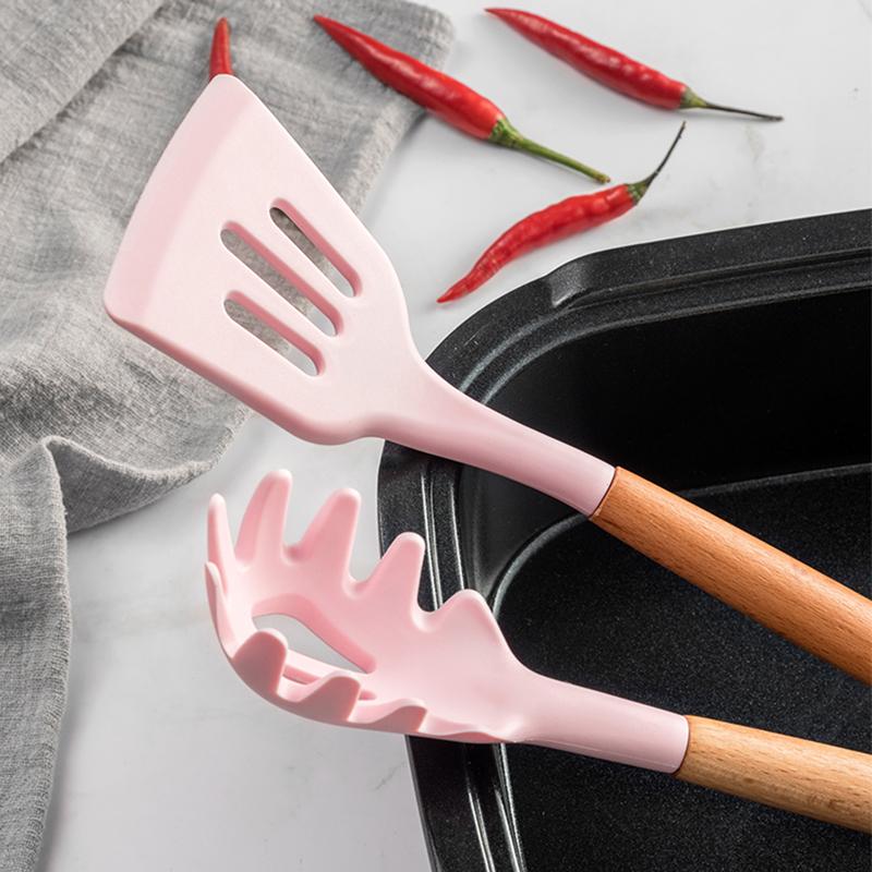 1/12Pcs Silicone Kitchenware Non-Stick Cookware Kitchen Utensils Set Spatula Shovel Egg Beaters Wooden Handle Cooking Tool Set