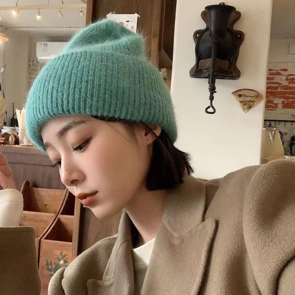 Internet celebrity Angola rabbit hair solid color light board autumn and winter versatile candy color vertical stripe outdoor warm knitted hat women