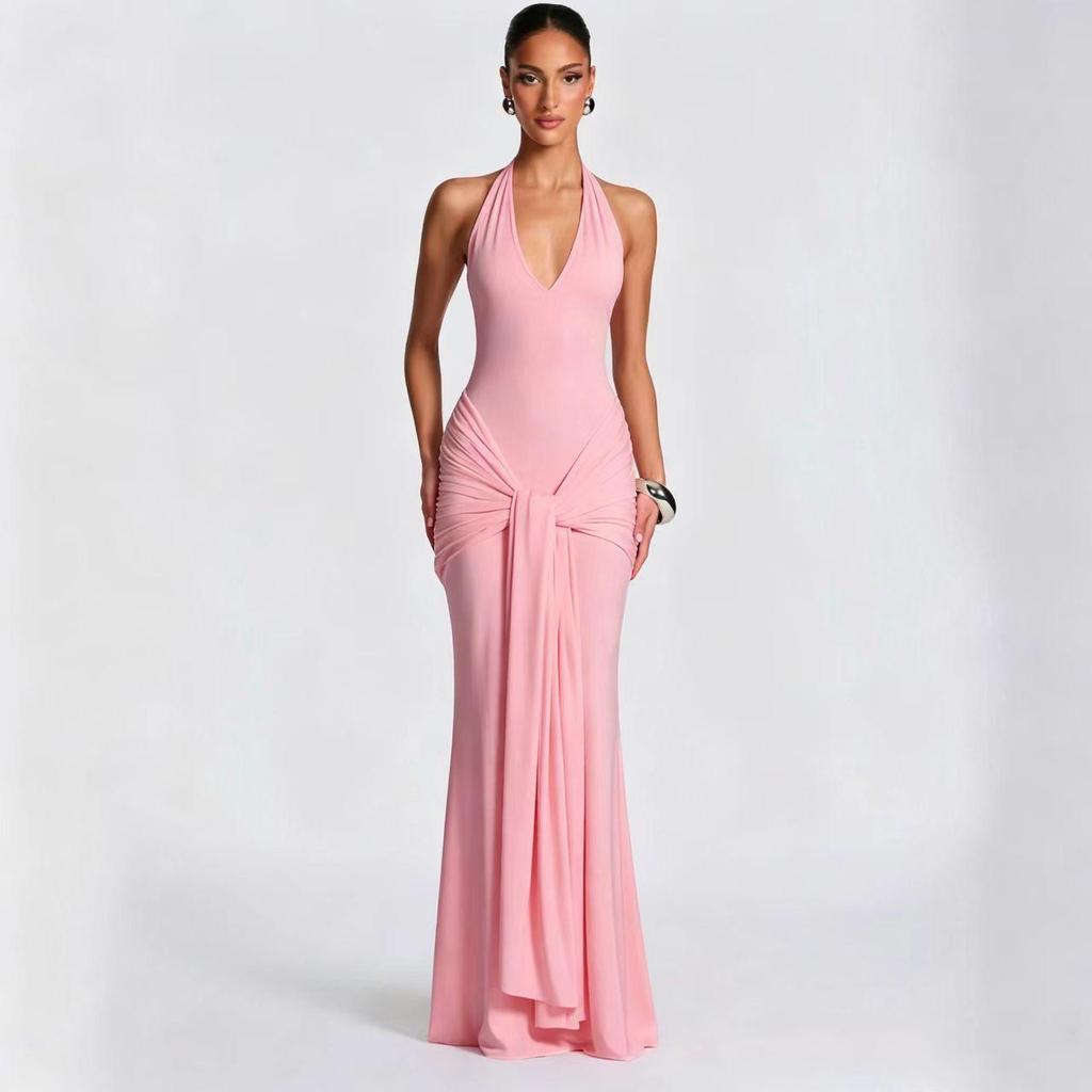 Women's 2025 European & American Style Halter Spliced Strappy Long Slim Fit Dress