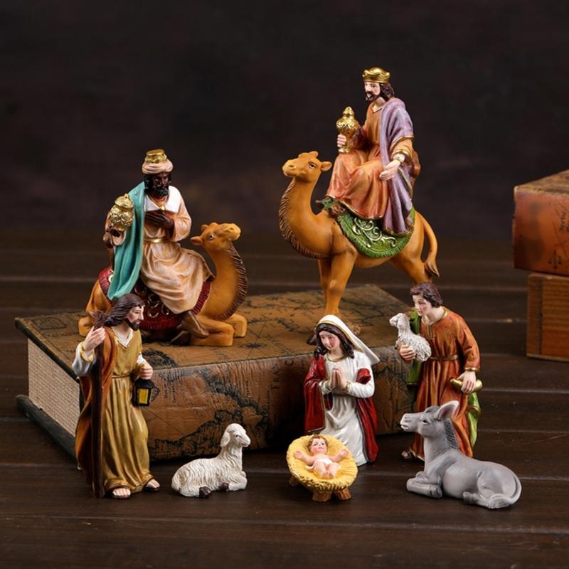 Christmas Nativity Figurines Resin Nativity Scene Statue with Stable Holy Family Statue Table Centerpieces Home Decors