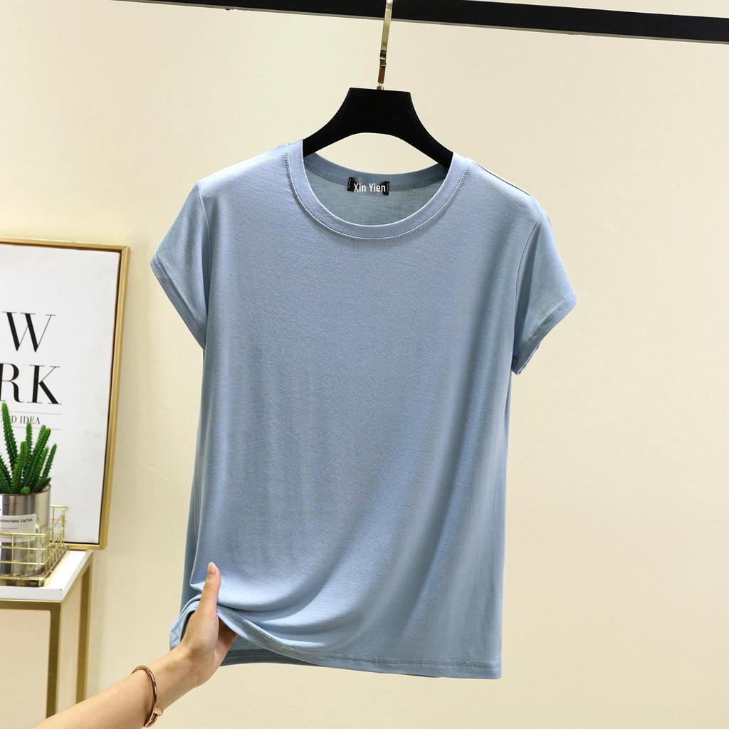 Damski bawełniany T-shirt z krótkim rękawem w jednolitym kolorze – Casualowy luźny krój, prosty letni styl
