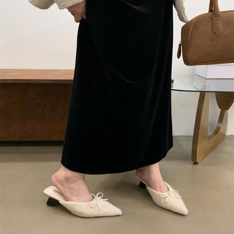 2025 spring new temperament half tray single shoes French bow gray high heels bag head half slippers women's shoes