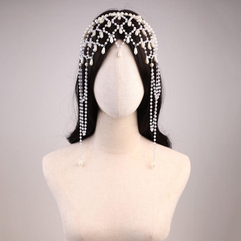 Women Hairband Pearls Hair Jewelry Bridal Modern Blingbling Tassels Pearls for Bride Wedding Party Head Chain