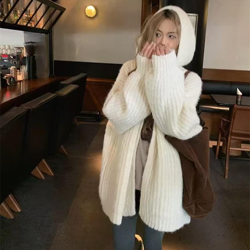 Fashion Loose Cardigan Knitted Hooded Women Sweater Solid Color Casual Coats Lantern Long Sleeves Office Large Knit Jacket Top Clothing