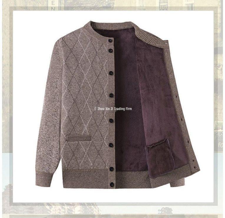 Men's Plus Velvet Knit Cardigan: Warm, Thick Sweater for Middle-aged and Elderly, Perfect for Autumn and Winter
