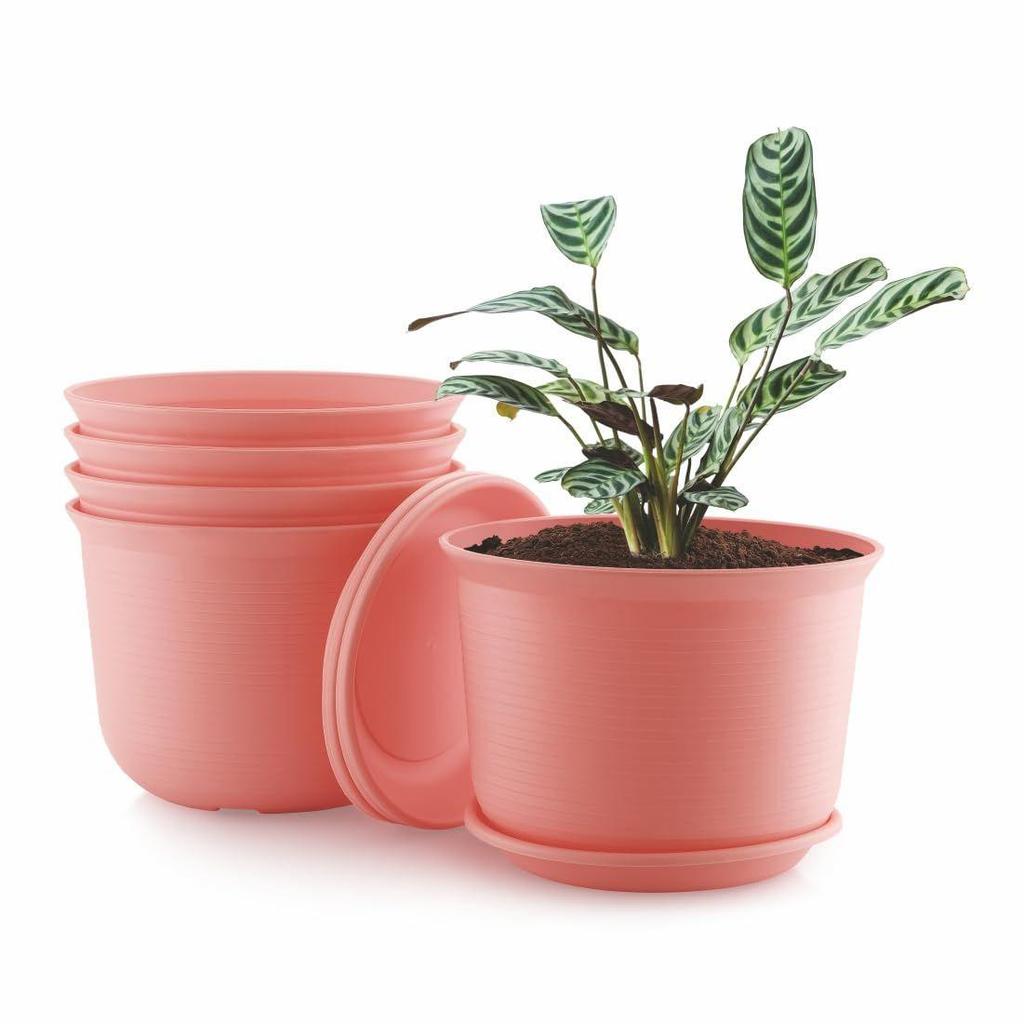 10 Inch Plastic Round Flower Pots with Tray for Home, Terrace, Garden Etc | Pack of 05 | Pink Color | for Home Indoor & Outdoor Gardening Plants