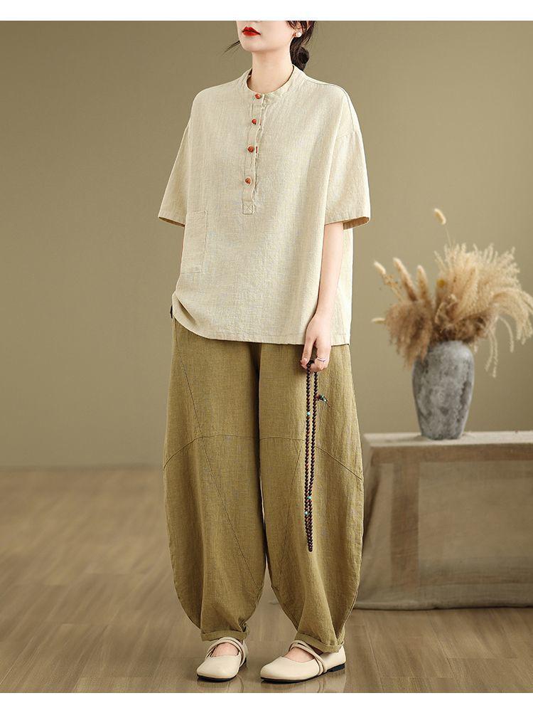 Plus Size Retro Linen Button Pocket T-shirt - Women's Slimming Fashion Short Sleeve Top for Summer 2025.